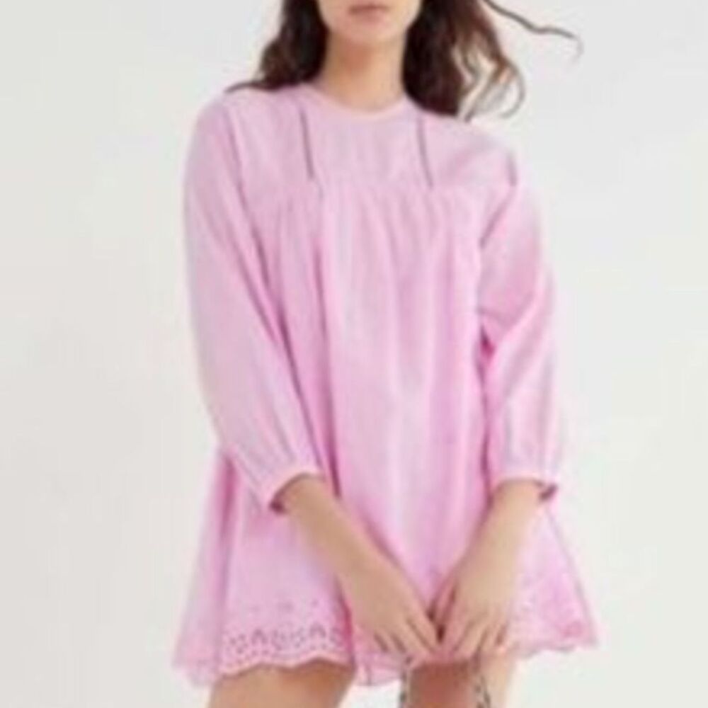 Women Urban Outfitters Embroidered Eyelet Babydoll Mini Dress Pink Medium Boho